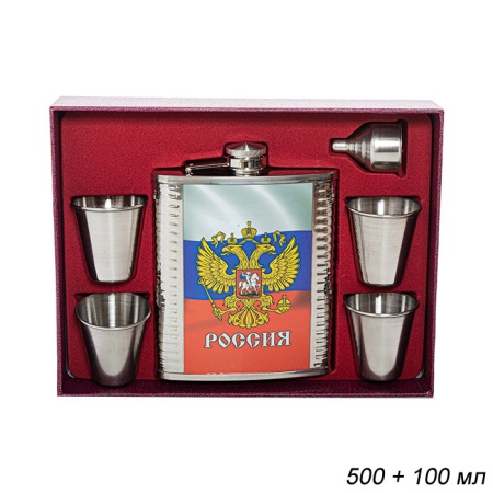 650105      Фляжка 500 мл Россия + 4 стопки, воронка / FL-150 /уп 40/ (10511010/270921/0157894, Китай)