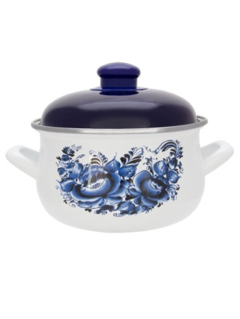 Кастрюля эмалированная сталь  4,0л, с крышкой белая  " Гжель"