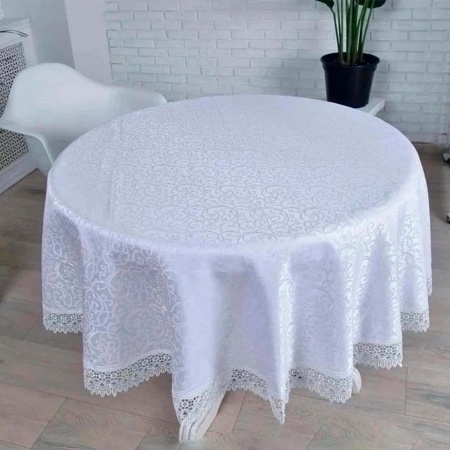 Скатерть 150см круглая Флора, тефлон белая с кружевами