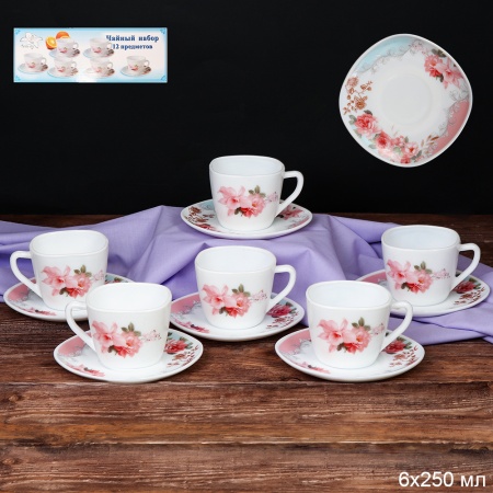 Набор чайный 12 предметов 250 мл квадратная А FXB220/FBD220-6A (6801) Роза на голубом