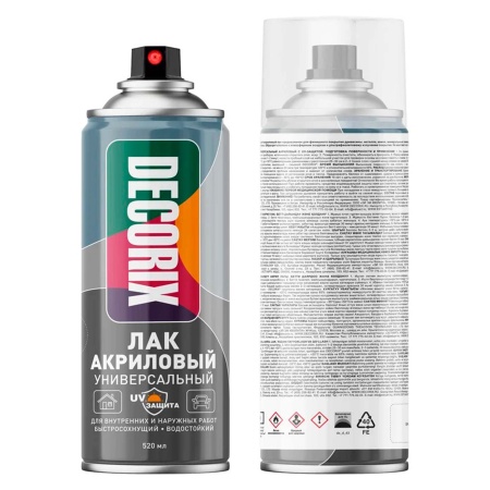 Лак аэрозольный универсальный с UV-защитой DECORIX, 520 мл, бесцветный глянцевый