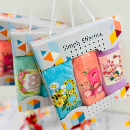 Набор полотенец 3шт 25х25 8 Марта, микрофибра в коробке