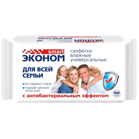 Салфетки влажные 100шт Смарт Эконом для всей семьи с антибактериальным эффектом