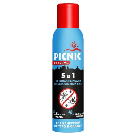 Аэрозоль от комаров, мошек, слепней, клещей, блох 5 в 1, 150см3 Picnic Extreme
