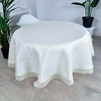 Скатерть 150см круглая Флора, бежевая с кружевами