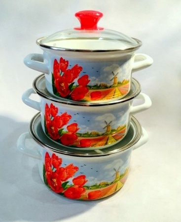 Набор посуды эмалированная сталь, 3пр Страна тюльпанов-ЭКСТРА (белая) (1,5л+2,3л+3л) эмал Керчь